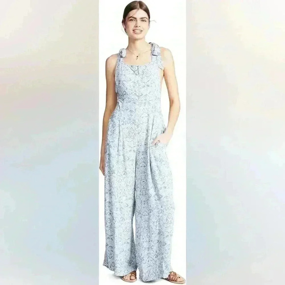 Free People Sugar Sands Wide Leg Jumpsuit BOHO Blue White Size XS Women's - Picture 4 of 15
